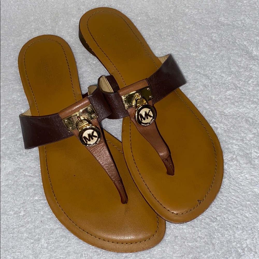 Michael Kors Women's Walnut Brown Leather Hamilton Flat Thongs 7.5